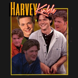 May include: A collage featuring multiple images of a man, with the name "Harvey Kinkle" in yellow and red text at the top. The man is wearing various outfits, including a denim shirt and a light gray jacket.