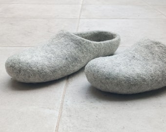 Light Grey Tyrolean Wool Slippers: Minimalist Handmade Unisex House Shoes, Cozy Gift