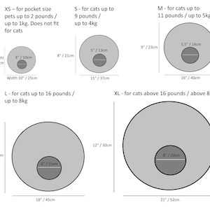 Pode incluir: Diagrama mostrando diferentes tamanhos de camas para gatos com medidas em polegadas e cent&iacute;metros. Os tamanhos s&atilde;o XS, S, M, L e XL. O diagrama mostra o tamanho geral da cama e o tamanho da abertura.