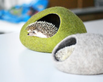 Hedgehog bed / small animal cave / small pet bed / felted pet house / small pet furniture / ferret cocoon / nap pouch / hamster house.