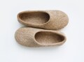 Eco friendly handmade felted slippers in natural light brown color. product logo
