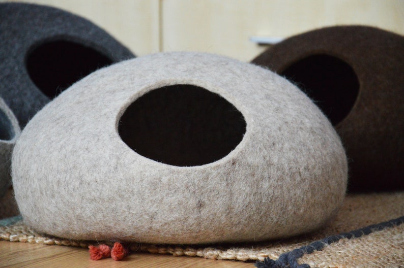 May include: A light gray felt cat bed with a round opening. The bed is on a woven rug with a dark blue border.