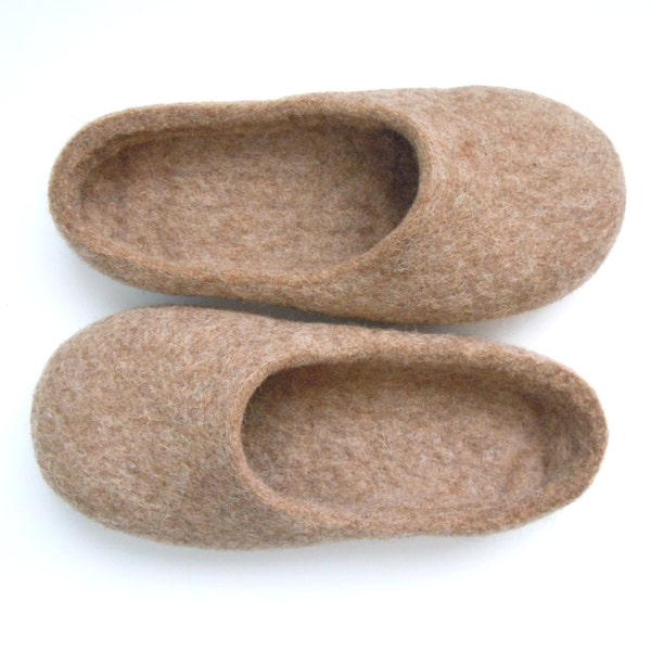 Eco friendly handmade felted slippers in natural light brown color. Ready to ship in US woman sizes 6.5 and 7