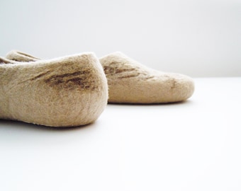 Distressed Felted Wool Slippers: Textured Tan Comfy House Shoes