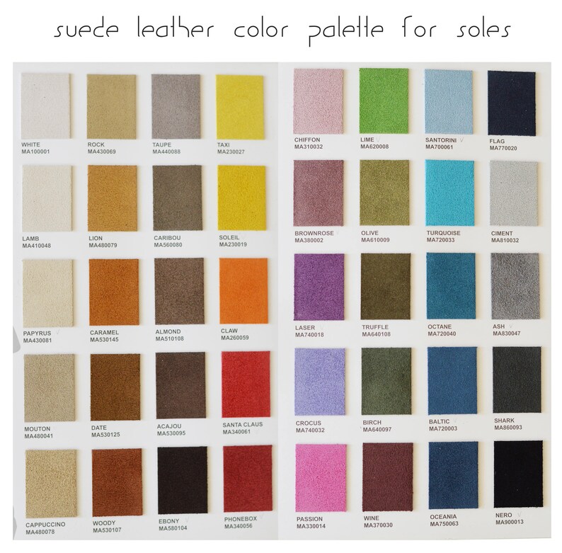 K&ouml;nnte beinhalten: Eine Farbpalette f&uuml;r Wildleder-Sohlen, mit einem Raster von 36 Farbmustern. Die Farben reichen von Wei&szlig; und Beige bis hin zu lebendigen Farbt&ouml;nen wie Limettengr&uuml;n, T&uuml;rkis und Rot. Jedes Muster ist mit einem Farbnamen und -code versehen.