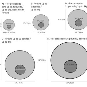 May include: Diagram showing different sizes of cat beds with measurements in inches and centimeters. The sizes are XS, S, M, L, and XL. The diagram shows the overall size of the bed and the size of the opening.