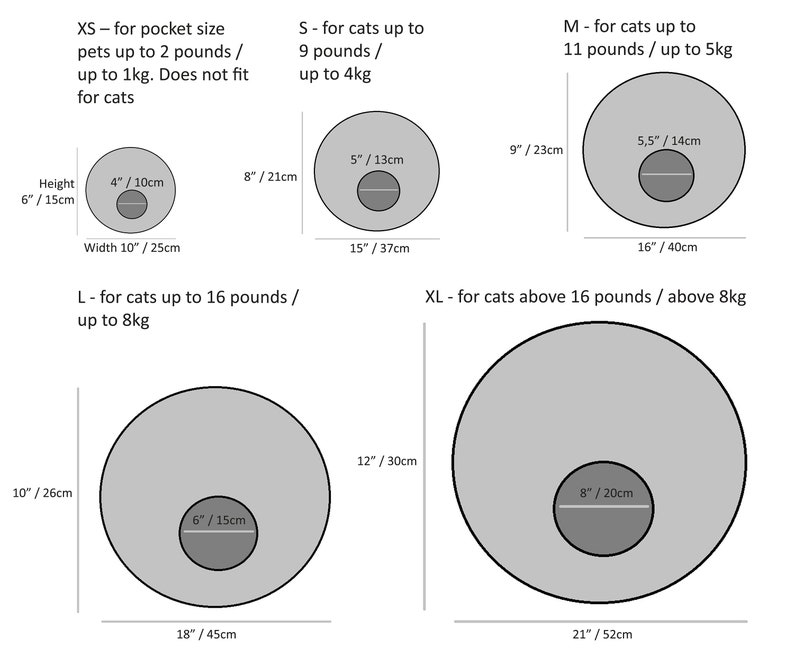 May include: Diagram showing different sizes of cat beds with measurements in inches and centimeters. The sizes are XS, S, M, L, and XL. The diagram shows the overall size of the bed and the size of the opening.
