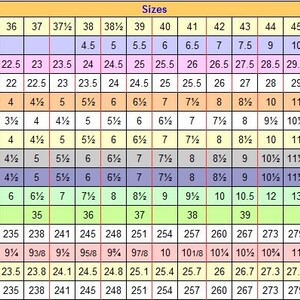 Peut inclure: Un tableau comparant les pointures de chaussures dans diff&eacute;rents pays et syst&egrave;mes, notamment l'Europe, le Mexique, le Japon, le Royaume-Uni, l'Australie, les &Eacute;tats-Unis et le Canada, la Russie et l'Ukraine, la Cor&eacute;e et les pouces. Le tableau montre les tailles correspondantes dans chaque syst&egrave;me pour les hommes et les femmes.