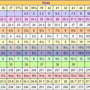 May include: A shoe size conversion chart with multiple international sizing systems. Includes sizes for Europe, Mexico, Japan, U.K., Australia, U.S. & Canada, Russia & Ukraine, and Korea. Measurements are in inches and centimeters.