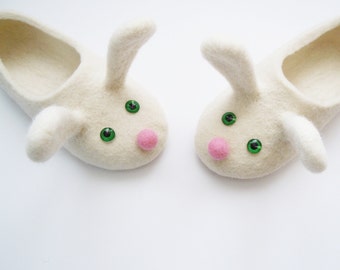 Two white bunnies. Felted kid size slippers