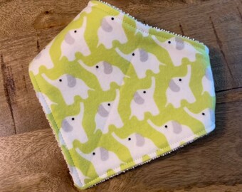 Baby Bandana Bib- Elephants in Citron, Organic Flannel and Cotton Terry Cloth 6-12 months