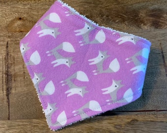 Bandana Bib- Foxes in Purple, Organic Flannel and Cotton Terry Cloth 3-6 months