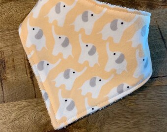 Bandana Bib- Elephants in Peach, Organic Flannel and Cotton Terry Cloth 6-12 months