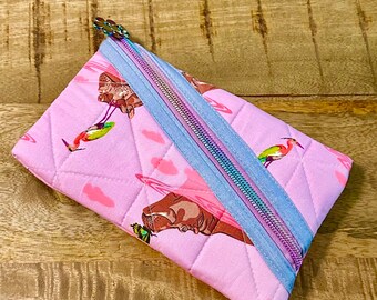 Hot Pink Hippos: Quilted Pencil/Pen Pouch Zippered Sunglasses Case Pouch Hemingway