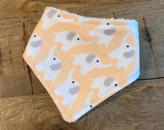 Bandana Bib- Elephants in Peach, Organic Flannel and Cotton Terry Cloth 3-6 months