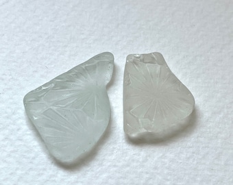 2 frosted white patterned privacy window sea glass - Lovely English beach finds