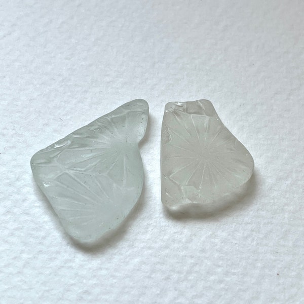 2 frosted white patterned privacy window sea glass - Lovely English beach finds