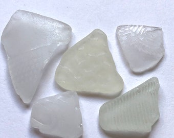 5 pieces patterned white sea glass - Lovely English beach finds