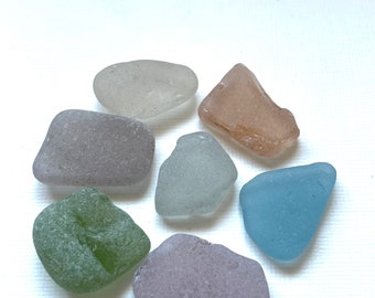 Frosted English sea glass, 7 mixed colours - Blue, peach, pink, purple, green, grey & white