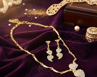 Cubic Zirconia Gold tone CZ ad Necklace Set, Indian Bridal Wedding Party Wear Jewelry