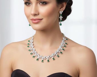 Green Cubic Zirconia Silver ad Necklace Set, Indian Bridal Wedding Party Wear Jewelry