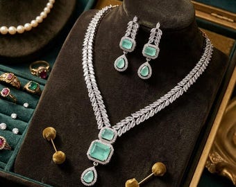 Mint Cubic Zirconia Silver Necklace Set, AD Indian Bridal Wedding Party Wear Jewelry