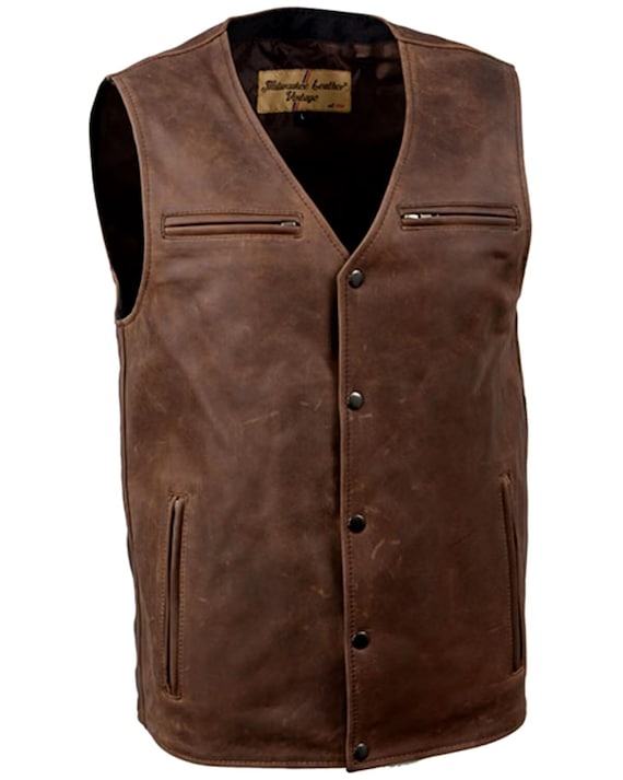 Men’s Distressed Brown Cowhide Leather Vest – Snap Front Biker Waistcoat