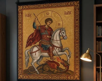Arazzo medievale da appendere al muro - 32 x 48 pollici - Decorazione murale con cavaliere gotico - Tappeto tessuto con San Giorgio e drago - Poster decorativo per castello medievale