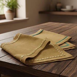 Leke Tutmaz Zarif Nakışlı Hardal Rengi Runner | Keten Dokulu Masa Örtüsü | Rustik ve Bohem Ev Dekoru