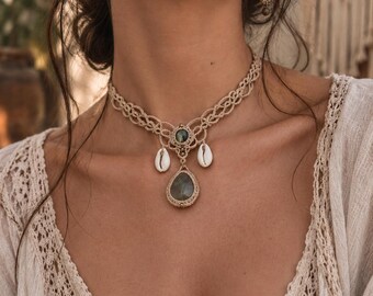 Boho Macrame Choker, Cowrie Shell Necklace, Labradorite Pendant, Beige Tribal Jewelry, Beach Bohemian Gift for Her
