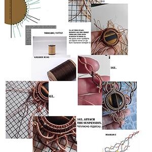 May include: A macrame tutorial collage featuring diagrams, spools of brown thread, and step-by-step photos of a pendant with a tiger eye stone. The images show knotting techniques, thread placement, and the assembly of a decorative jewelry piece.
