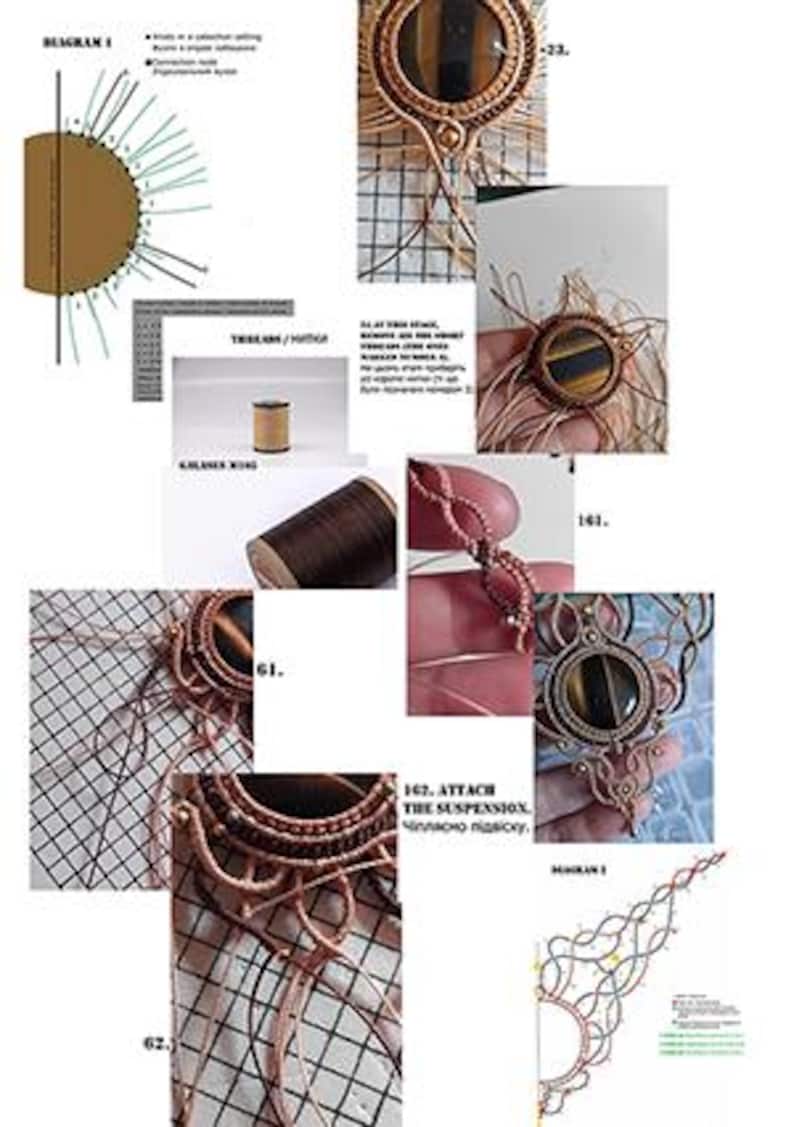 May include: A macrame tutorial collage featuring diagrams, spools of brown thread, and step-by-step photos of a pendant with a tiger eye stone. The images show knotting techniques, thread placement, and the assembly of a decorative jewelry piece.