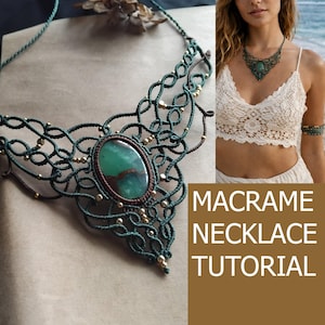 Può includere: Una collana macramè fatta a mano con una grande pietra ovale verde al centro. Il design macramè verde scuro è impreziosito da piccole perline dorate. L'immagine include il testo "MACRAME NECKLACE TUTORIAL".