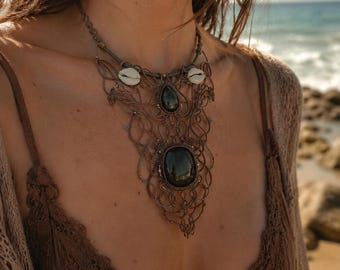 Boho Macrame Necklace with Natural Stone, Cowrie Shells, Tribal Statement Necklace, Handmade Micro Macrame Jewelry