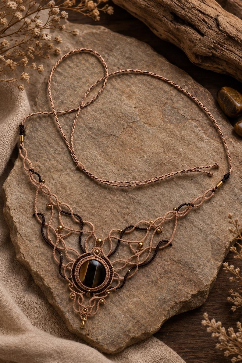 May include: A macrame necklace featuring a central round tiger eye gemstone surrounded by intricate tan and dark brown knotted cord patterns, accented with small metallic beads and a thin adjustable cord closure for a secure fit around the neck.