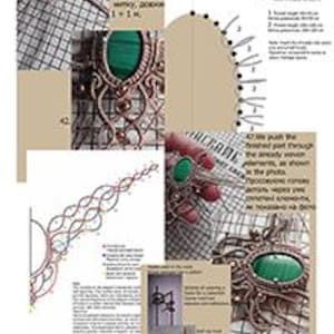 Peut inclure: Un collage de tutoriel de macram&eacute; pr&eacute;sentant des instructions &eacute;tape par &eacute;tape pour cr&eacute;er un collier avec un cabochon en malachite verte. L'image comprend des sch&eacute;mas, du texte en anglais et en russe, et des photos de techniques de tissage.