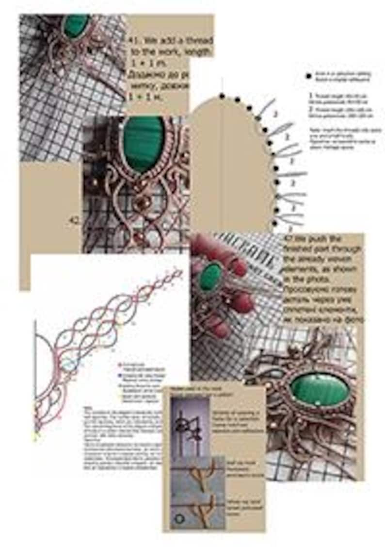 Peut inclure: Un collage de tutoriel de macram&eacute; pr&eacute;sentant des instructions &eacute;tape par &eacute;tape pour cr&eacute;er un collier avec un cabochon en malachite verte. L'image comprend des sch&eacute;mas, du texte en anglais et en russe, et des photos de techniques de tissage.