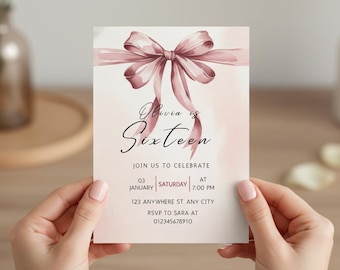 Pink Bow Coquette Bow Birthday Invitation, 16th Birthday Invitation, Sweet Sixteen Birthday Invite, Canva Template, Digital Download