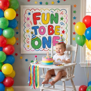 May include: A white high chair holds a child wearing a rainbow-patterned shirt and a striped party hat. A colorful birthday cake with a number one candle sits on the tray. A framed sign on the wall reads Fun To Be One with star decorations.