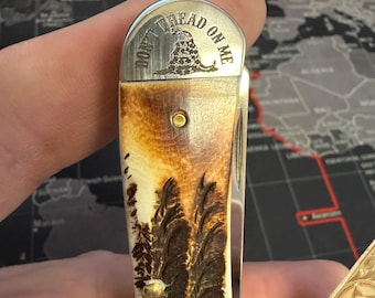 custom engraved case pocket knife , don’t tread on me , sheriff star , scrolls
