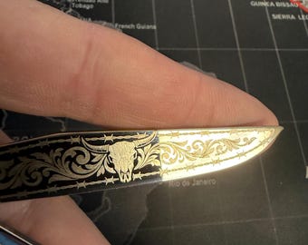 custom engraved case pocket knife , bull skull and barbed wire