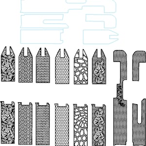Op de afbeelding: Een verzameling lasergesneden ontwerpen in zwart en wit. De ontwerpen omvatten verschillende decoratieve patronen, waaronder bloemen-, geometrische en honingraatstijlen. De afbeelding bevat ook contouren van grotere vormen, mogelijk voor montage.
