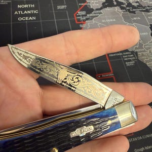 custom engraved case pocket knife , bull skull and barbed wire image 7