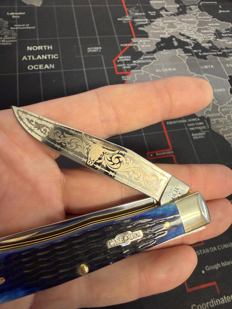 custom engraved case pocket knife , bull skull and barbed wire image 7