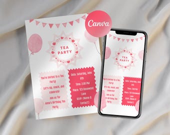 Pink Tea Party Birthday Invitation | Editable Canva Template (Digital Download)
