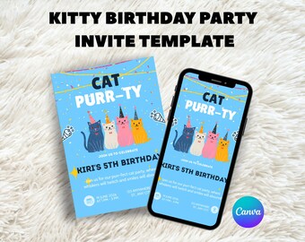 Cat Birthday Party Invitation, Editable Kitty Invite (Printable & Mobile)