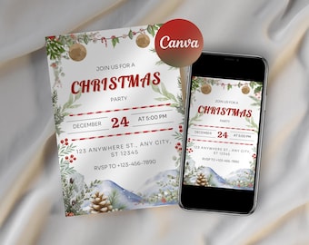 Editable Christmas Party Invitation Template, Canva Printable & Mobile (Digital)