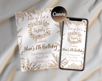 Beige Tea Party Birthday Invitation | Editable Canva Template (Digital Download)