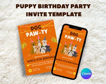 Dog Birthday Party Invitation, Orange Puppy Invite (Canva Printable & Mobile)