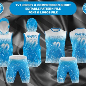 May include: A display of athletic apparel, including jerseys and compression shorts. The jerseys are sleeveless with a blue and white ice-themed design, featuring the word "ICECOLD" and the number "10". The shorts have a matching design. The text "7V7 JERSEY & COMPRESSION SHORT" is visible.